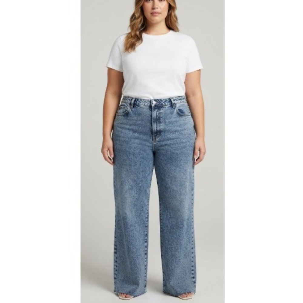 Fashion Nova Womens Blue Acid Wash Wide Leg High Rise Button Fly Jeans Size 16